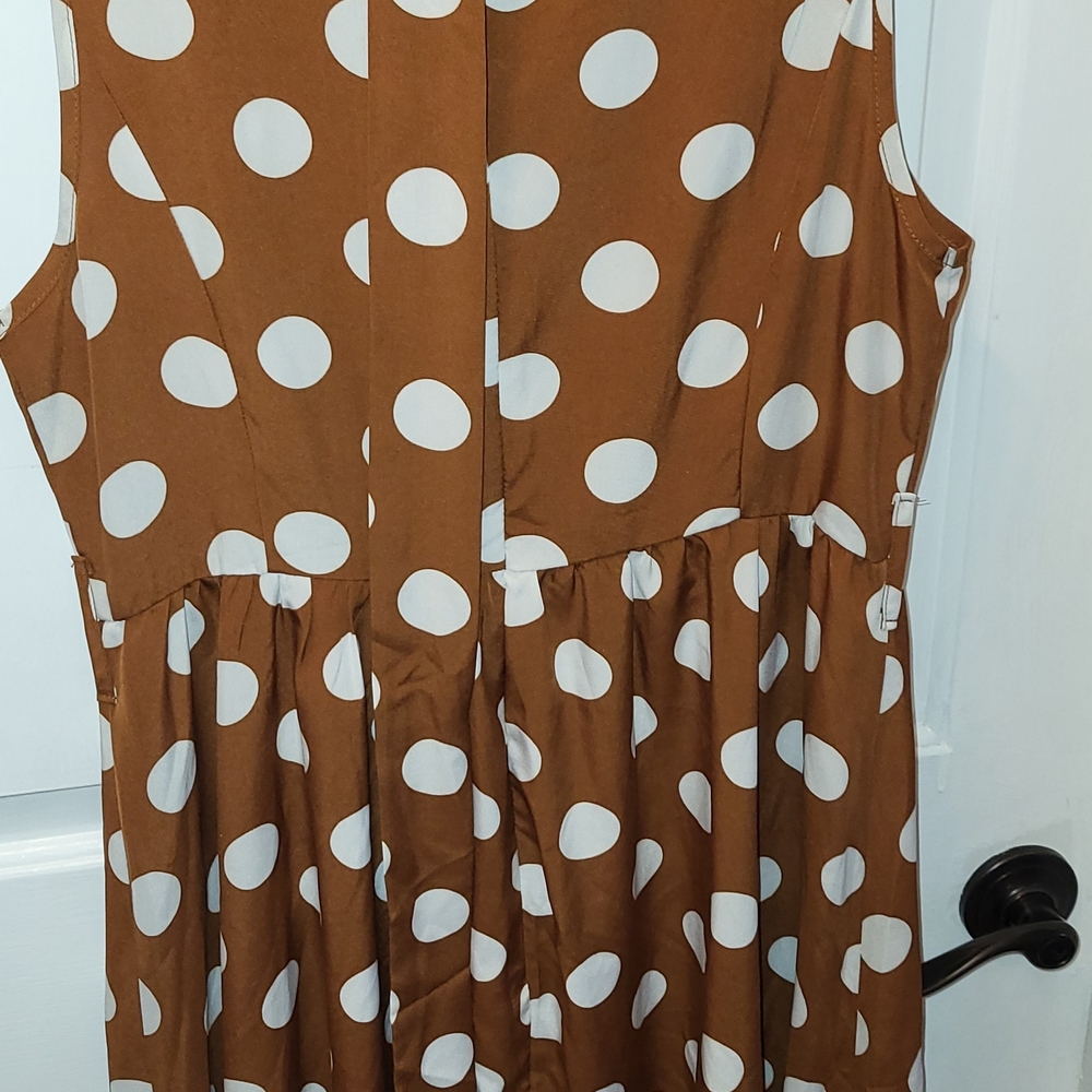 SHEIN Brown and White Polka Dot Dress With Matching Belt Tie